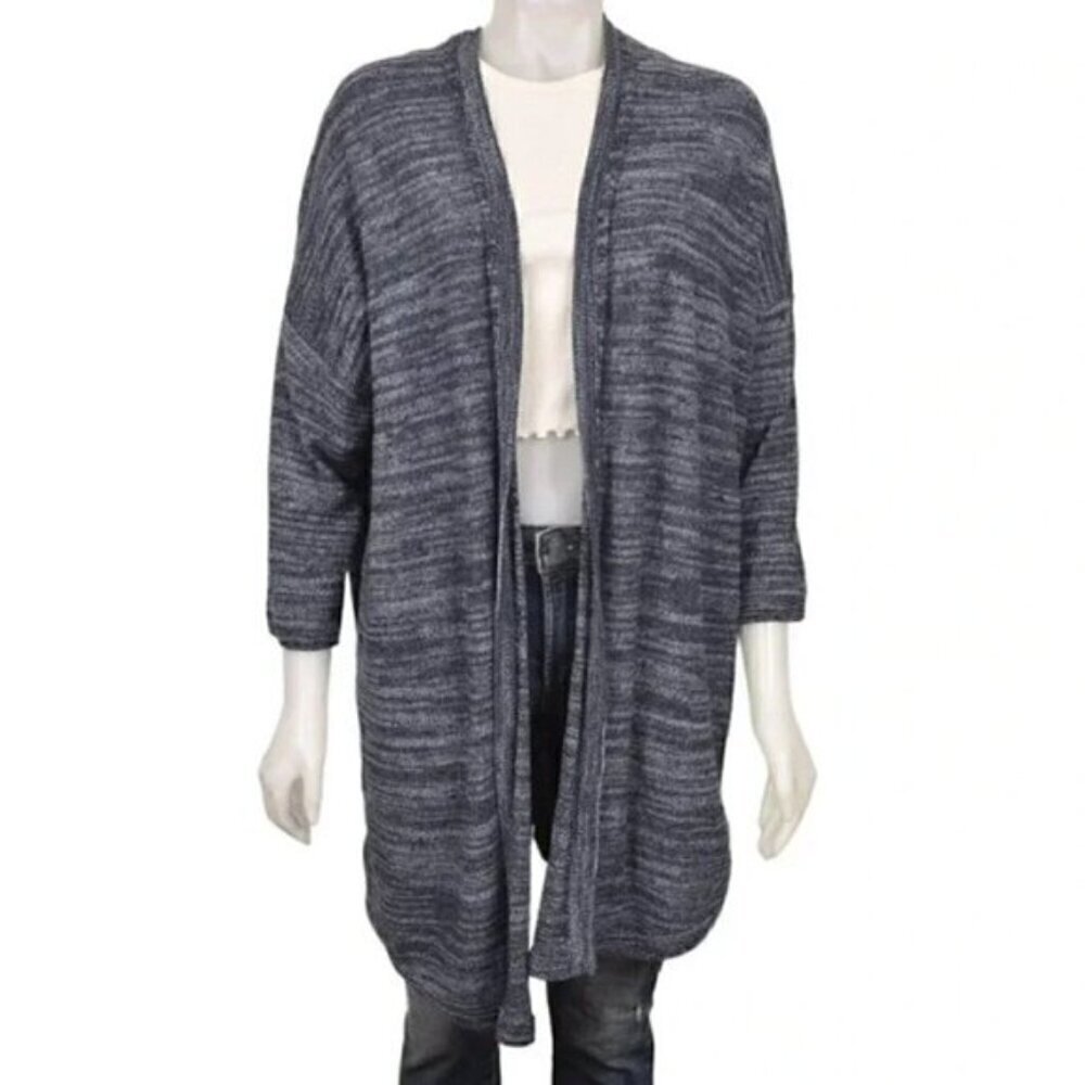J. Jill Duster Long Cardigan Cotton Linen Blue Marled 3/4 Sleeve Size Large